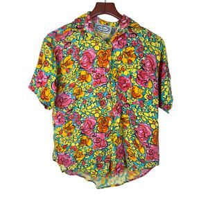 Vtg Bonjour Womens Top Sz S Button Up Floral Maximalist Colorful Wacky Artsy